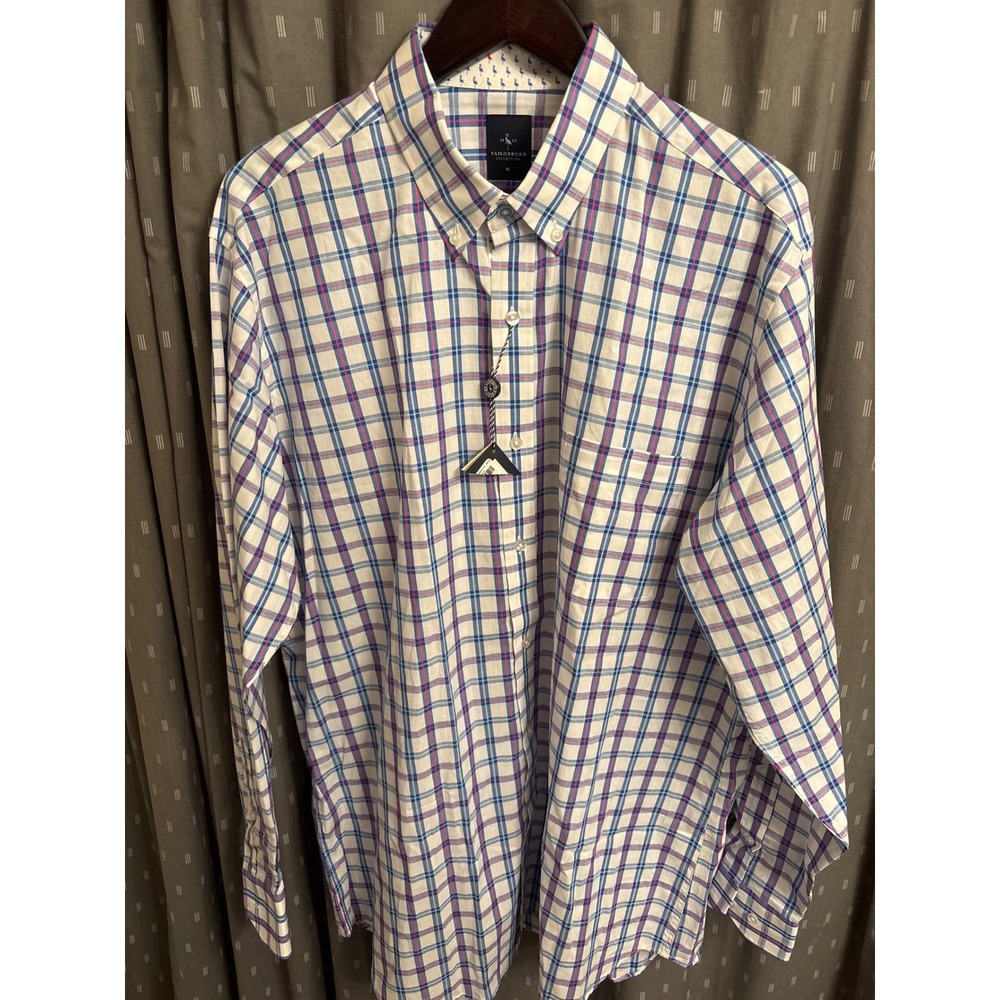 Tailorbyrd Collection Mens XL Plaid Button Down Shirt Blue Pink White Cotton NWT